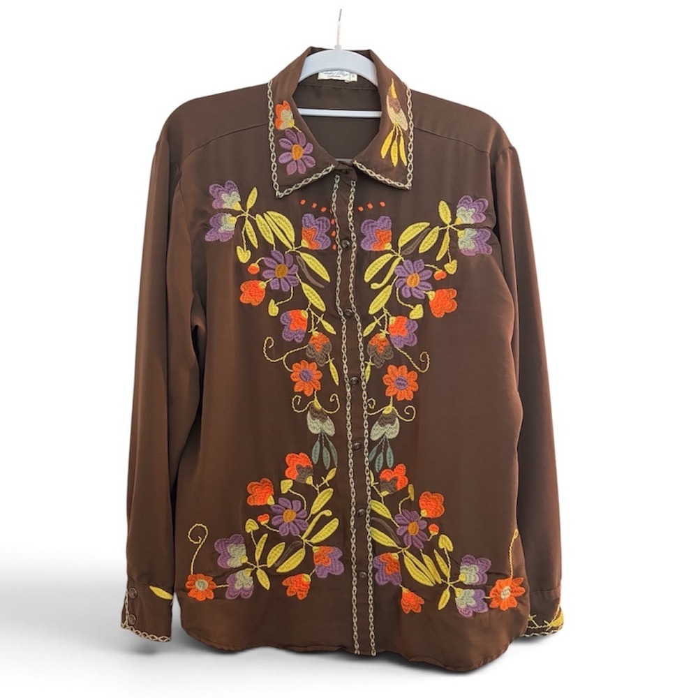 Tasha Polizzi Chocolate Brown Fall Floral Embroidered Buttondown XL Thanksgiving